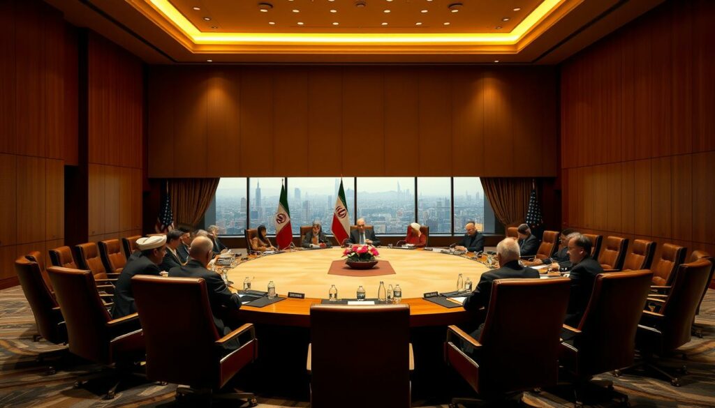 An expansive meeting room, illuminated by warm, indirect lighting. In the foreground, a large, oval conference table surrounded by high-backed leather chairs. At the head of the table, three figures - representatives from Iran, the United States, and other nations - engaged in tense, yet measured discussions. The atmosphere is one of cautious negotiation, with an undercurrent of historical animosity between the parties. In the background, floor-to-ceiling windows offer a glimpse of the Tehran skyline, hinting at the geopolitical significance of these negotiations. The scene conveys the gravity and complexity of the Iran nuclear talks, a critical juncture in the longstanding conflict between Israel and Iran.