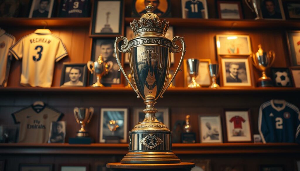 An ornate antique trophy illuminated by warm, golden light stands proudly on a wooden pedestal against a backdrop of historical soccer memorabilia. Vintage jerseys, trophies, and photographs line the shelves, creating a sense of legacy and accomplishment. The trophy's intricate detailing and gleaming surface reflect the hard-won victories and enduring impact of the individual it represents - David Beckham, the renowned English soccer player whose storied career has cemented his place in the sport's pantheon. The scene conveys a reverent, celebratory mood, honoring Beckham's remarkable contributions and the indelible mark he has left on the game of football.