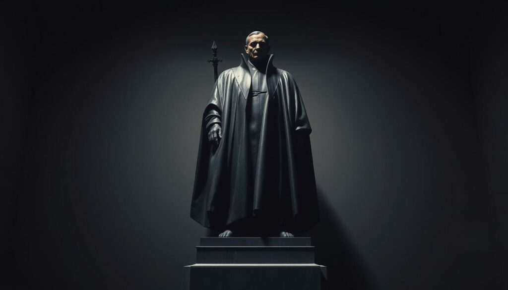 Authoritarian traits in politics: A somber, monumental sculpture depicting a towering, imposing figure in a dark, angular robe, their face obscured by shadows. Harsh, dramatic lighting casts ominous shadows, creating a sense of foreboding and oppression. The figure stands atop a pedestal, elevated above the viewer, conveying a sense of power and control. The background is stark and minimalist, with a muted, subdued color palette, emphasizing the weight and gravity of the subject matter. The overall atmosphere is one of uncompromising authority, devoid of warmth or empathy, reflecting the cold, unyielding nature of authoritarian political systems.