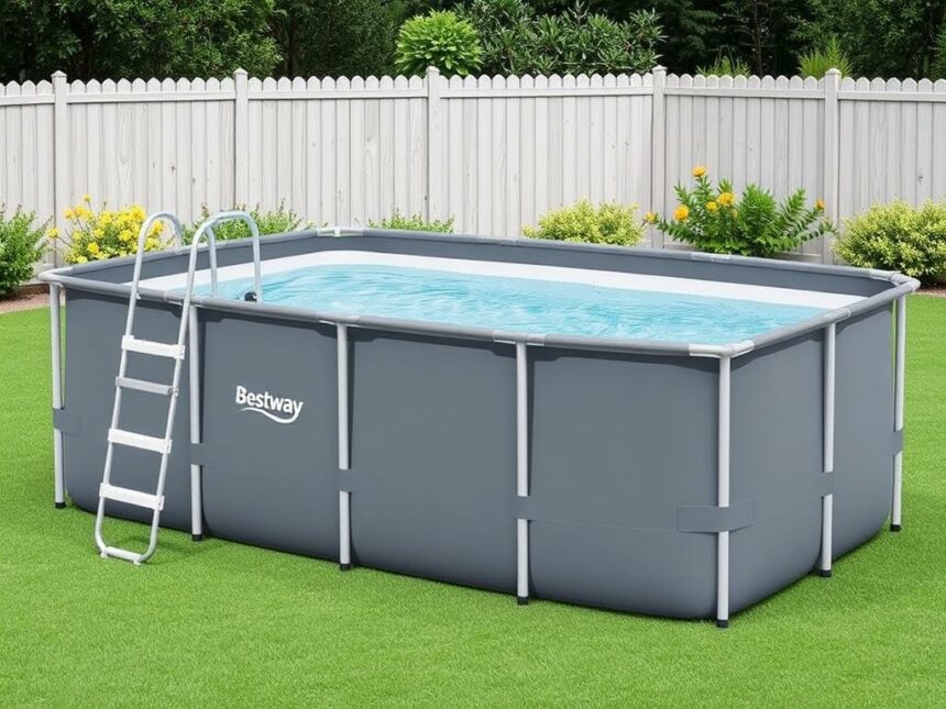 Bestway Power Steel Frame Pool aufgebaut im Garten mit Leiter und Filterpumpe