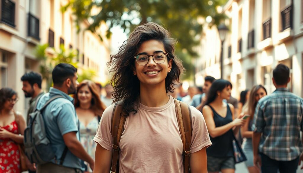 Bisexual people navigating daily life, surrounded by a diverse, vibrant world. A central figure, confidently embracing their identity, stands in a sunlit urban setting. In the background, couples and individuals of varying orientations interact, creating a tapestry of inclusive representation. Soft, natural lighting illuminates the scene, conveying a sense of openness and acceptance. The composition features a balanced, dynamic layout, inviting the viewer to explore the nuances of bisexual experiences and the normalcy of their presence in everyday environments.