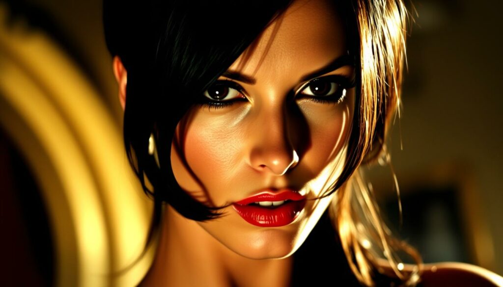 Claudine Auger as Domino, the alluring Bond girl, in a stunning close-up portrait. Dramatic lighting casts intense shadows across her captivating features - full lips, striking eyes, and elegant bone structure. Domino's raven hair cascades around her face, partially obscuring her expression of mystery and intrigue. The composition draws the viewer's gaze to the subject, with a softly blurred background suggesting an opulent, glamorous setting befitting the world of James Bond. This high-contrast, cinematic image captures the essence of Domino, the powerful and seductive femme fatale from the classic spy thriller "Feuerball".