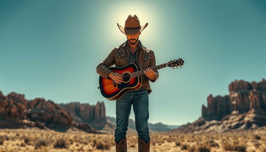 Cowboy Carter Album Cover: A rugged, sun-drenched desert landscape, with craggy rock formations and a boundless, azure sky. In the center, a lone figure stands tall, dressed in a weathered leather jacket, faded jeans, and cowboy boots. His face is partially obscured by the brim of a well-worn Stetson hat, casting a dramatic shadow across his features. The man holds an acoustic guitar, his calloused fingers poised to strum a soulful melody. The composition is framed by a sense of solitude and introspection, capturing the essence of the cowboy's journey and the evolution of Beyoncé's artistic expression.