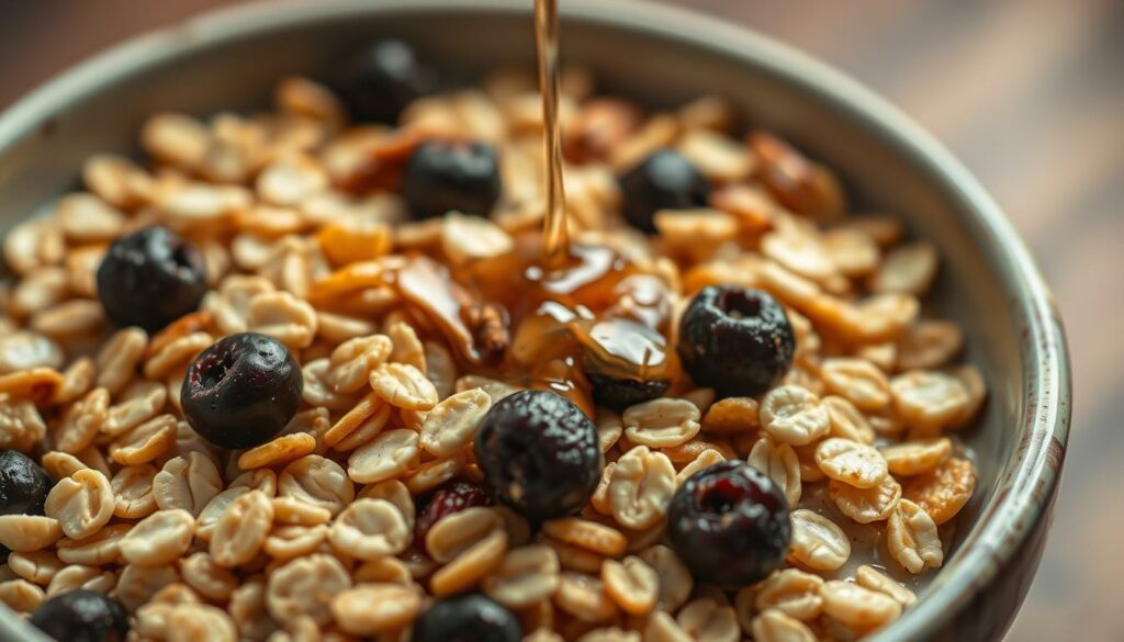 Detailed bowl of protein-rich oats, close-up shot with natural lighting and soft focus. Whole oat groats with golden hues, sprinkled with dark berries and nuts, glistening with a touch of honey. Shallow depth of field emphasizes the textural contrast and nutritious composition. Crisp edges and muted background evoke a sense of wholesome simplicity. Warm, earthy tones create an inviting, appetizing atmosphere.