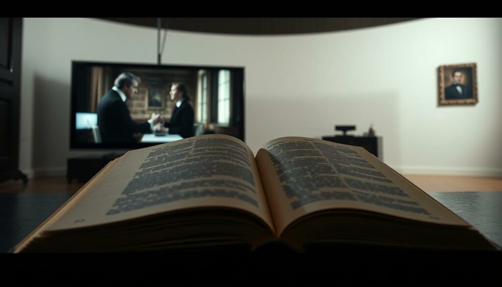 Detailed comparison of a classic novel and its television adaptation, depicted in a cinematic visual style. In the foreground, an open book and a television screen side-by-side, showcasing key differences between the written work and its screen counterpart. The book's cover and pages are rendered with photorealistic detail, while the TV screen displays a dramatic scene from the adaptation, captured with a high-contrast, moody lighting that evokes the atmosphere of the original story. In the background, a minimalist set design with subtle references to the narrative's themes and settings, rendered in a muted color palette to focus attention on the central comparison. The overall composition creates a sense of contemplation and analysis, inviting the viewer to explore the nuances between the source material and its adaptation.