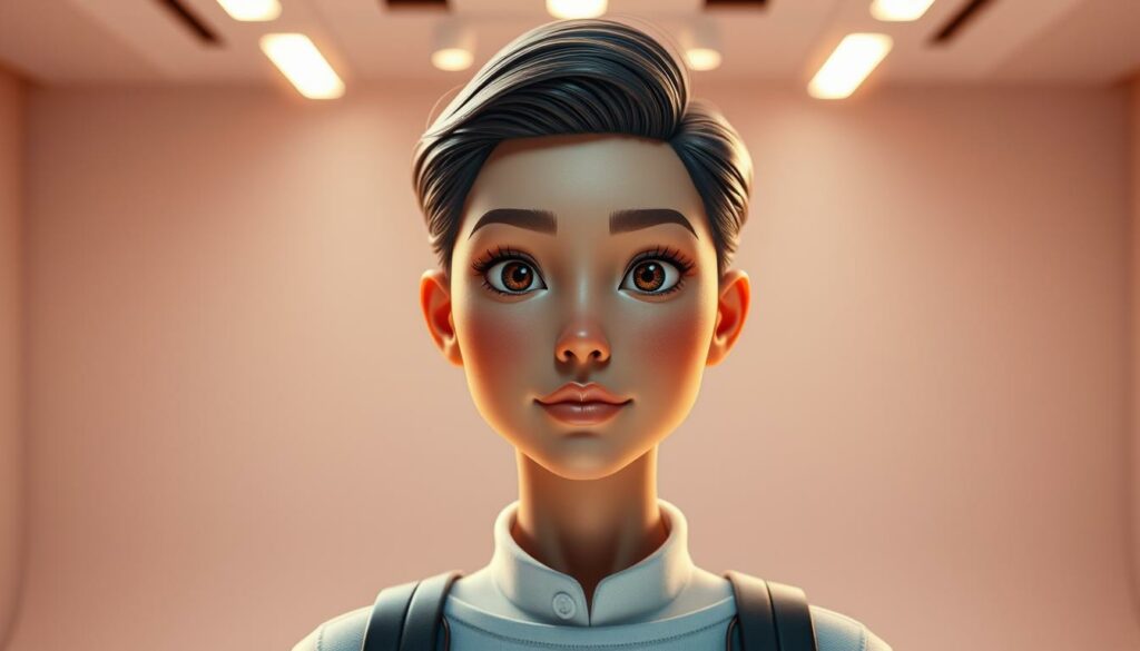 Detailed digital avatar with crisp, high-resolution rendering in a well-lit, studio environment. The avatar stands in a neutral pose, facing the camera directly. Subtle facial features, expressive eyes, and lifelike skin textures convey a sense of depth and realism. The avatar's appearance is professionally designed, with carefully selected hairstyle, clothing, and accessories that reflect a polished, high-quality aesthetic. The background is clean and uncluttered, allowing the avatar to be the focal point. Warm, balanced lighting from multiple angles creates depth and highlights the avatar's distinct qualities, showcasing the technical expertise behind its creation.