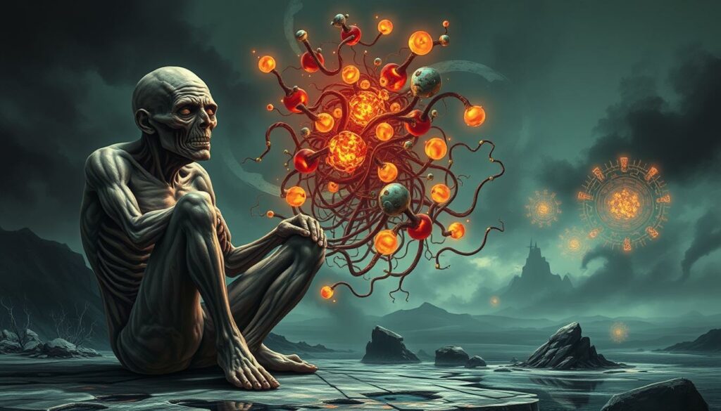 Detailed illustration of the side effects of nutrients, depicting a surreal and unsettling scene. In the foreground, a distorted human figure with twisted limbs and an expression of discomfort, symbolizing the adverse effects of excessive or imbalanced nutrient intake. In the middle ground, a tangled web of glowing, mutating molecules and compounds, representing the complex biochemical reactions triggering these side effects. In the background, a hazy, dreamlike landscape with ominous, pulsating energy fields, conveying the unpredictable and potentially dangerous nature of nutrient imbalances. The lighting is harsh and unnatural, casting dramatic shadows and highlights to heighten the sense of unease. The overall mood is one of unease, discomfort, and the potential dangers of improper nutrient consumption.