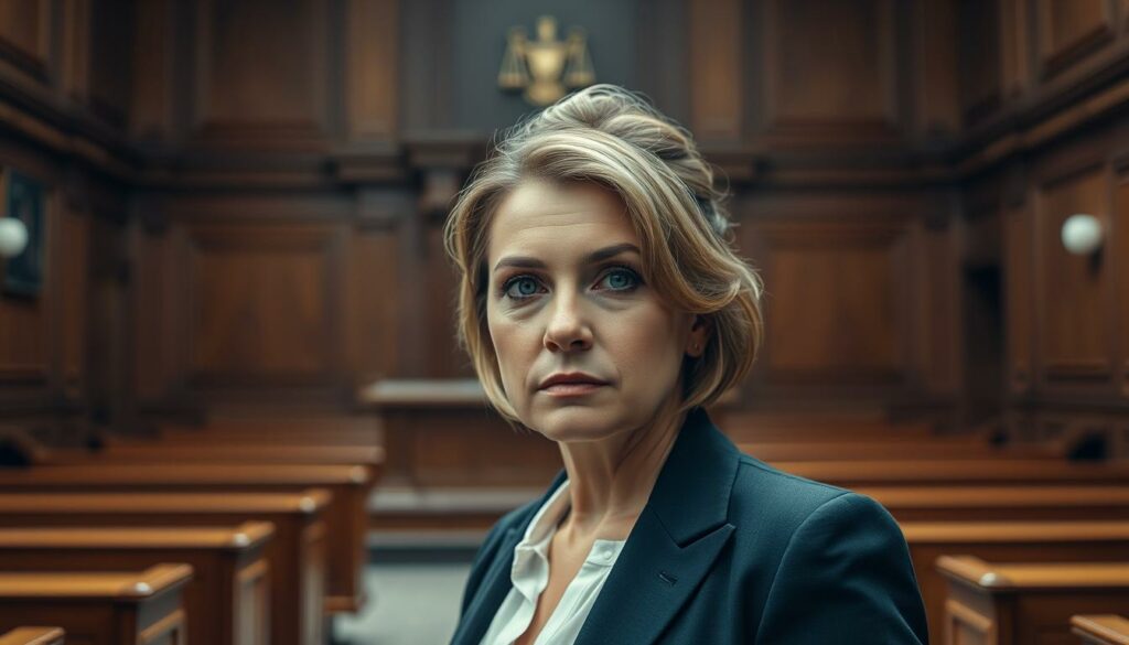 Detailed portrait of Cathy Hummels, a German television personality and influencer, in a courtroom setting. Hummels stands in the foreground, her expression somber and resolute, dressed in professional attire suitable for a legal proceeding. Behind her, the courtroom is rendered in realistic detail, with wooden benches, a raised judge's platform, and a classic architectural style suggestive of an old-world European judicial chamber. Soft, warm lighting casts a contemplative mood, while subtle depth-of-field blur emphasizes the focal point of Hummels herself. The overall scene conveys a sense of high-stakes legal drama and personal determination.
