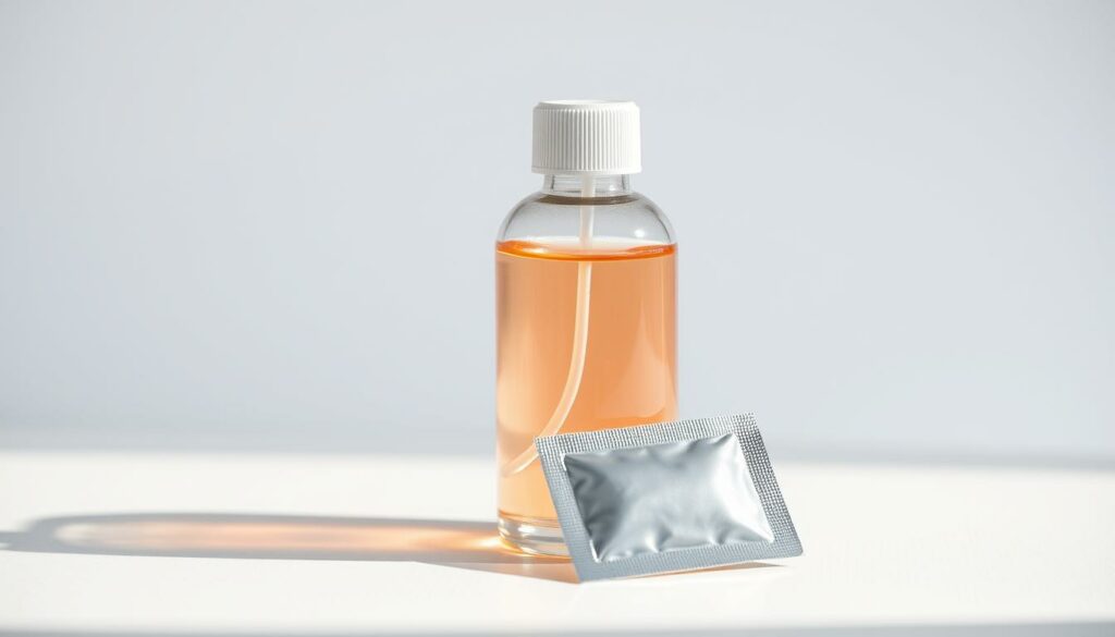 Detailed still life composition showcasing lubricant bottle and condom packet in harmonious arrangement. Soft, natural lighting illuminates the transparent glass and foil materials, highlighting their textures and colors. Carefully positioned to emphasize compatibility and complementary nature. Minimal, uncluttered background allows the focal subjects to stand out. Subtle shadows and reflections add depth and realism. Overall, a clean, informative, and visually appealing illustration to accompany the article section on condom and lubricant considerations.