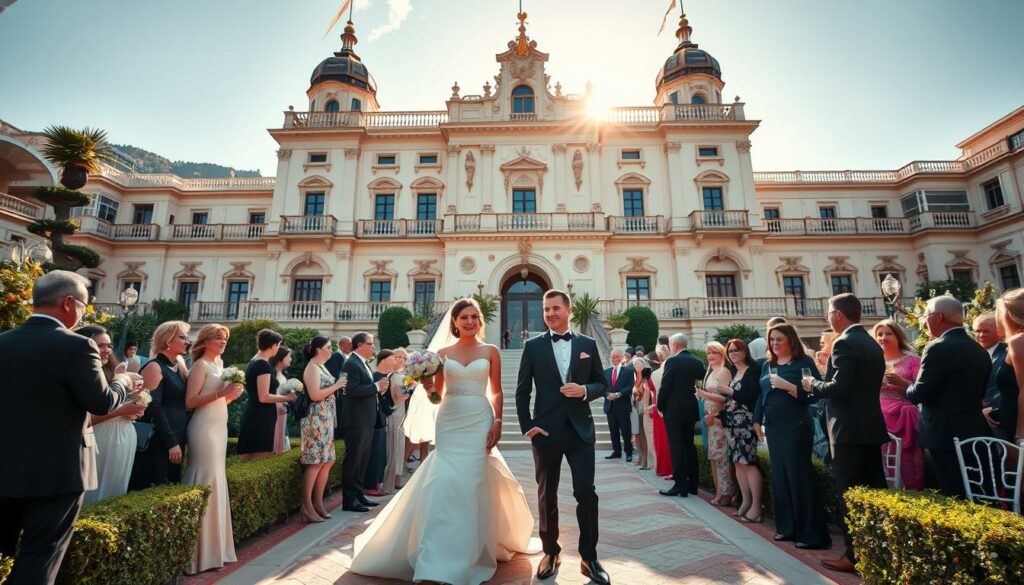 Elegant, high-society wedding at the Palais Princier in Monaco. A breathtaking scene of grandeur and opulence, with a radiant bride in a flowing white gown, accompanied by a dashing groom in a sleek tuxedo. The Palais Princier serves as a stately, regal backdrop, its ornate architecture and manicured gardens creating a picturesque setting. Guests dressed in their finest attire mingle, champagne flutes in hand, as the sun casts a warm, golden glow over the occasion. A sense of timeless elegance and celebration permeates the air, capturing the essence of a truly historic event - "The Wedding of the Century".