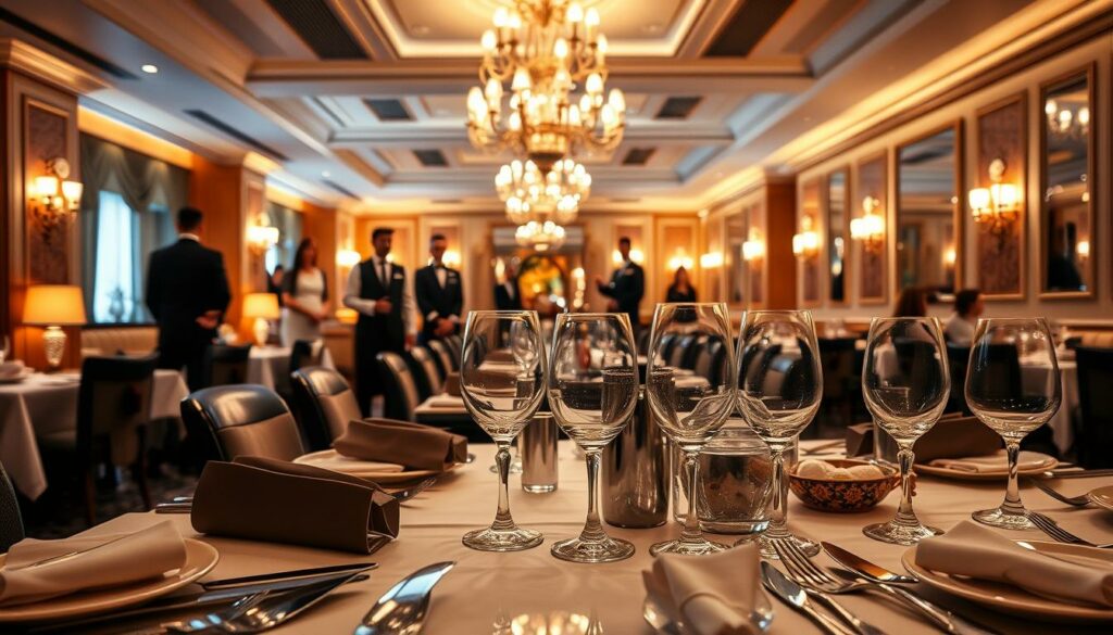 Elegant table setting in a high-end restaurant, adorned with fine china, crystal glassware, and silver cutlery. Ambient lighting casts a warm, inviting glow, complementing the luxurious ambiance. In the background, a tastefully decorated dining room with plush seating and ornate chandeliers. A team of attentive waitstaff stands ready to serve the discerning guests. The scene evokes a sense of exclusivity, refined taste, and the pinnacle of culinary experiences.