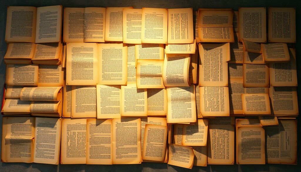 Elegant vintage-inspired wall art composed of carefully curated book pages. Warm ambient lighting casts a soft, nostalgic glow across the delicate paper textures. Meticulously arranged antique book pages in a harmonious layout, creating a visually striking yet refined piece that evokes a sense of timeless sophistication. Subtle color variations and aged imperfections in the pages lend an authentic, handcrafted aesthetic. Thoughtfully positioned to highlight the natural beauty and tactile qualities of the materials. A captivating focal point that emanates a cozy, inviting atmosphere reminiscent of a well-appointed vintage study or library.