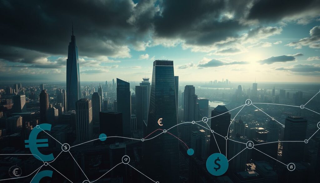 Expansive global business operations, a financial empire spanning continents. Wirecard's international dealings captured in a sweeping cinematic scene. Towering skyscrapers and bustling cityscapes in the background, conveying the scale and complexity of the company's worldwide reach. In the foreground, stylized currency symbols and transaction flows, hinting at the intricate web of financial transactions that underpinned Wirecard's global operations. Dramatic lighting casts long shadows, evoking a sense of mystery and the hidden machinations of this fallen corporate giant. The scene is captured with a wide, panoramic lens, emphasizing the grand, ambitious nature of Wirecard's international ambitions.