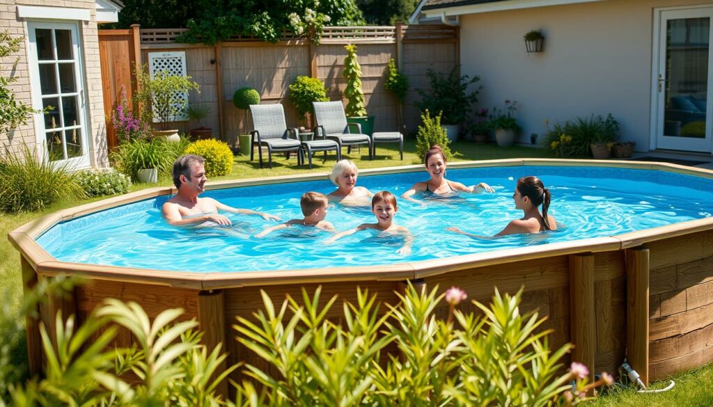 Familie genießt einen Sommertag im Gartenpool mit Kindern und Erwachsenen Familie genießt einen Sommertag im Gartenpool mit Kindern und Erwachsenen