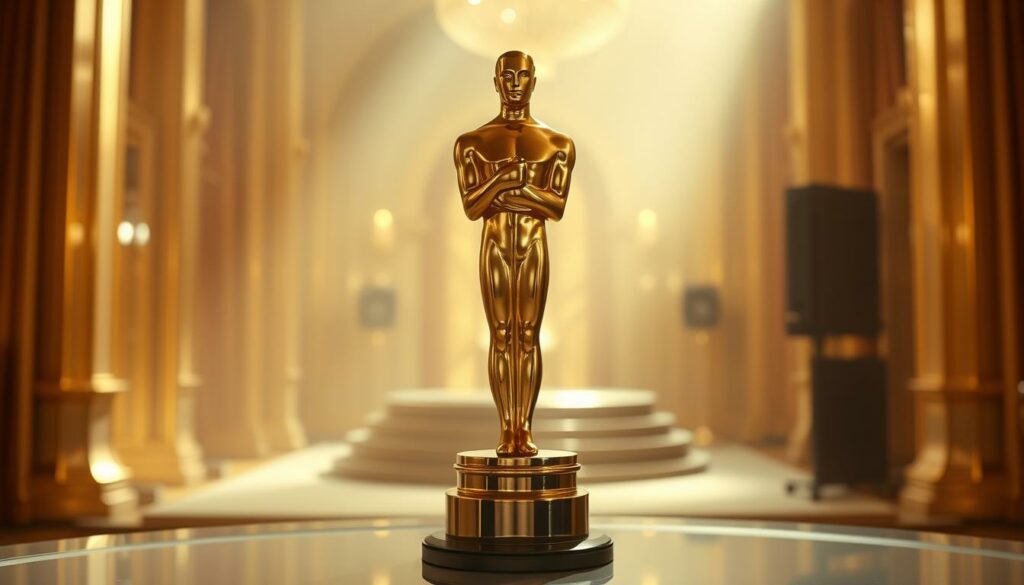 Goldfinger's Oscar for Sound Effects, a gleaming trophy against a backdrop of golden opulence. Meticulously crafted, the award stands as a testament to the film's groundbreaking audio mastery. Soft, warm lighting bathes the scene, casting a subtle glow on the gilded statuette. In the foreground, the trophy's sharp angles and polished surfaces reflect the precise, cinematic soundscape that captivated audiences. The middle ground reveals a lavish, art deco-inspired setting, hinting at the glamorous world of James Bond. The background fades into a hazy, dreamlike ambiance, evoking the timeless allure of this cinematic milestone. The mood is one of reverence, celebrating the technical excellence that elevated Goldfinger to a new level of sonic immersion.