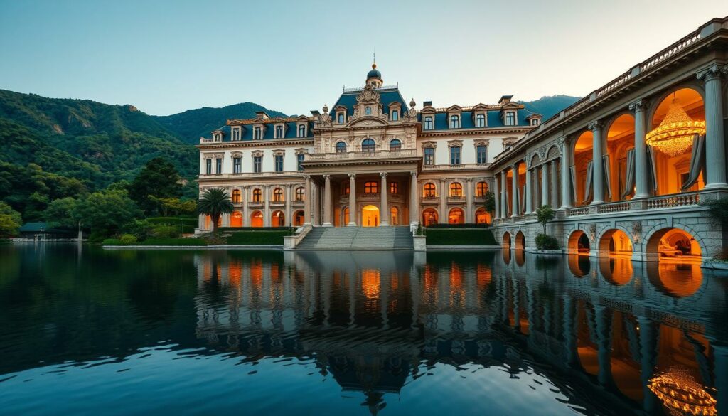 Grandhotel Pupp, a majestic 19th-century palace in the heart of Montenegro's Casino Royale. Wide angle view of the grand facade, its ornate architecture and elegant columns reflecting in the tranquil waters of the surrounding lake. Lush greenery and rolling hills in the background, bathed in warm, golden afternoon light. Opulent interiors with high ceilings, intricate chandeliers, and plush furnishings visible through the large windows. The regal, timeless atmosphere evoking the glamour and excitement of the iconic James Bond film set within these walls.