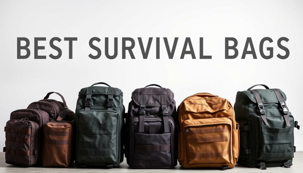 High-quality bug-out bags neatly arranged in a visually striking display, showcasing their essential survival gear and rugged design. The bags are positioned against a clean, minimalist background, allowing the viewer to focus on their key features. Soft, directional lighting highlights the textured fabrics, metal buckles, and sleek silhouettes, conveying a sense of preparedness and reliability. The composition is well-balanced, with the bags in the foreground occupying a prominent position, while the background remains subtle and uncluttered. This image effectively captures the essence of the "best survival bag for emergencies" topic, presenting the bug-out bags as a practical and visually appealing solution for outdoor enthusiasts and survivalists.
