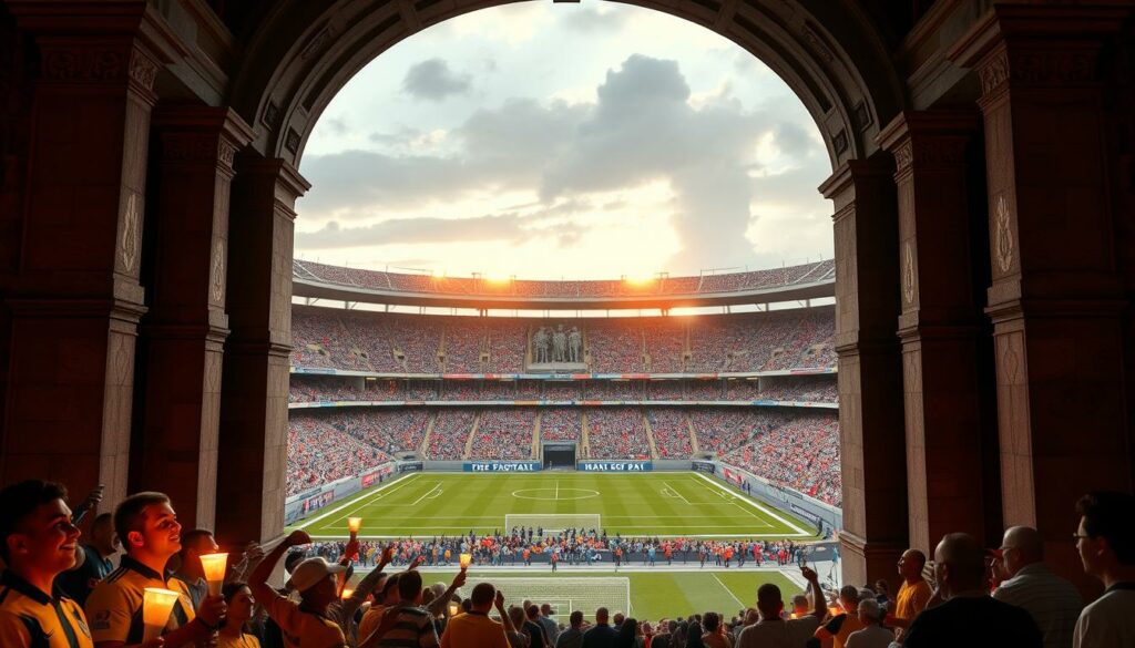 Historische Meilensteine des Turniers A grand archway frames the entrance to an ancient stadium, its weathered stone columns and intricate carvings bearing witness to the rich history of this revered football tournament. In the foreground, a group of enthusiastic fans adorned in team colors cheer passionately, their faces illuminated by the warm glow of torchlight. The middle ground reveals the expansive stadium, its tiered seating and manicured pitch bathed in a soft, golden light, evoking a sense of timeless tradition. In the background, towering statues of legendary players and coaches stand as silent guardians, their proud poses and stoic expressions a testament to the tournament's enduring legacy. The overall atmosphere is one of reverence, excitement, and a deep appreciation for the enduring spirit of the game.