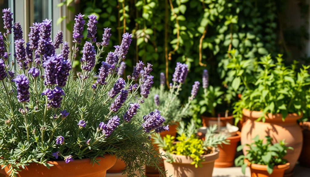 Lush, fragrant potted plants adorn a cozy balcony scene. In the foreground, vibrant lavender, lemon thyme, and rosemary spill over terracotta planters, their aroma wafting through the air. A verdant backdrop of trailing vines and leafy herbs creates a sense of natural abundance. Dappled sunlight filters through the scene, casting a warm, golden glow and highlighting the plants' delicate textures. The overall composition evokes a serene, inviting atmosphere, perfect for repelling mosquitoes with the power of nature's bounty.