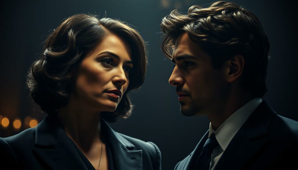 Naomie Harris and Ben Whishaw in a cinematic, medium close-up portrait, set against a dimly lit, moody backdrop. The two actors are dressed in their iconic James Bond roles, Moneypenny and Q, locked in a contemplative gaze, their expressions conveying a sense of nostalgia and the weight of their long-standing characters. Soft, dramatic lighting illuminates their faces, creating deep shadows and highlights that emphasize their distinct features. The background is blurred, hinting at the grand, shadowy world of MI6 and the legacy of the Bond franchise. An elegant, high-contrast, cinematic aesthetic that captures the timeless nature of these legendary characters.