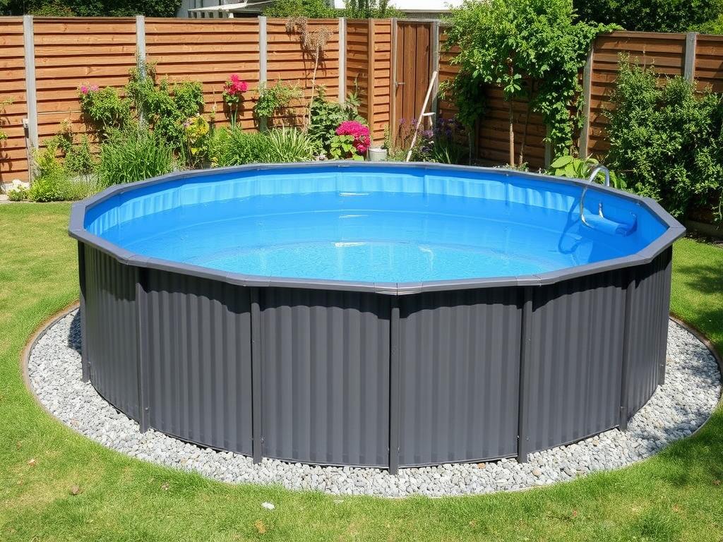 Poolomio Stahlwandpool mit grauer Außenwand und blauer Innenfolie Poolomio Stahlwandpool mit grauer Außenwand und blauer Innenfolie