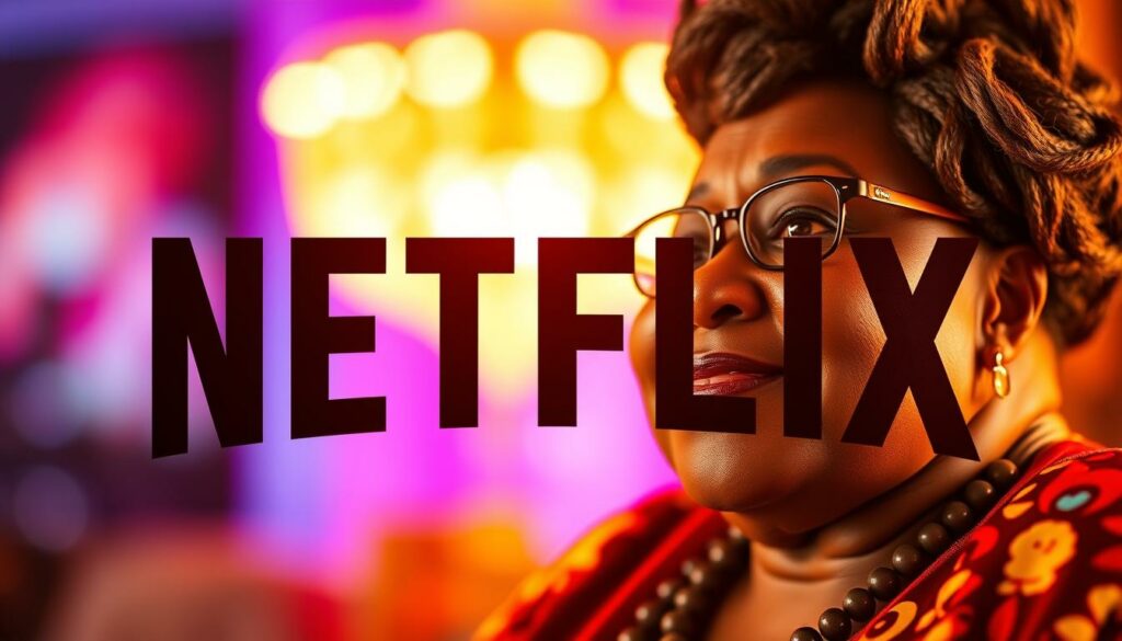 Prompt A close-up shot of the iconic Netflix logo and the beloved character Madea from the "Madea Homecoming" film, set against a vibrant, out-of-focus background that suggests the success and popularity of their collaboration. The lighting is warm and inviting, casting a soft glow on the subjects. The composition is carefully balanced, with the Netflix logo taking center stage and Madea's presence complementing it in a harmonious way. The overall mood is one of celebration and triumph, reflecting the worldwide success of this powerful partnership.