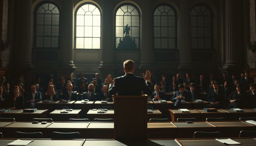Prompt A high-contrast, cinematic scene depicting the "Waffenbesitz Debatte Österreich" (Debate on Gun Ownership in Austria). In the foreground, a lone figure stands at a podium, gesturing emphatically as they address a serious-faced crowd. Behind them, rows of desks and chairs suggest a formal setting, perhaps a parliamentary chamber or government building. The lighting is dramatic, with sharp shadows and highlights that lend a sense of gravity and tension to the scene. In the background, the austere architecture features imposing stone columns and arched windows, hinting at the weighty, institutional nature of the debate. The overall mood is one of solemn deliberation, underscoring the importance and complexity of the issues at hand.