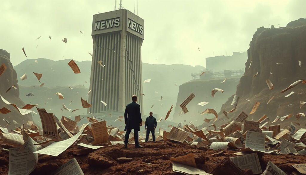 Prompt A thought-provoking scene of media criticism and fake news, set against a backdrop of a rugged, dystopian landscape. In the foreground, a figure stands amidst a whirlwind of swirling text and fragmented imagery, symbolizing the overwhelming deluge of information. The middle ground features a large, imposing structure resembling a news tower, its facade cracked and weathered, suggesting a decaying, unreliable system. The background is bathed in a hazy, ominous light, creating a sense of unease and uncertainty. The overall composition conveys a theme of skepticism towards the media, the erosion of truth, and the need for critical evaluation of information sources.