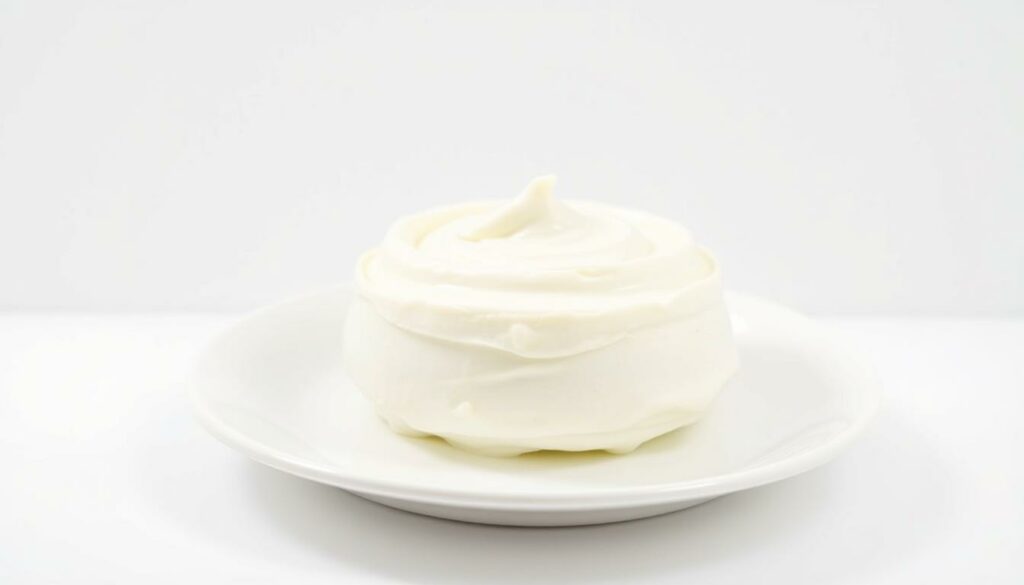 Proteinreicher Magerquark, a creamy and nutritious dairy product, sits atop a plate against a minimalist white background. The quark is presented in a soft, natural lighting, showcasing its smooth, glistening texture and subtly defined layers. The plate is positioned at a slight angle, creating a sense of depth and drawing the viewer's attention to the main subject. The overall mood is one of simplicity, purity, and a focus on the product's inherent qualities as a high-protein food item.