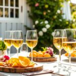 Verschiedene süße Weißweine in Gläsern auf einem sommerlich dekorierten Gartentisch