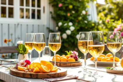 Verschiedene süße Weißweine in Gläsern auf einem sommerlich dekorierten Gartentisch