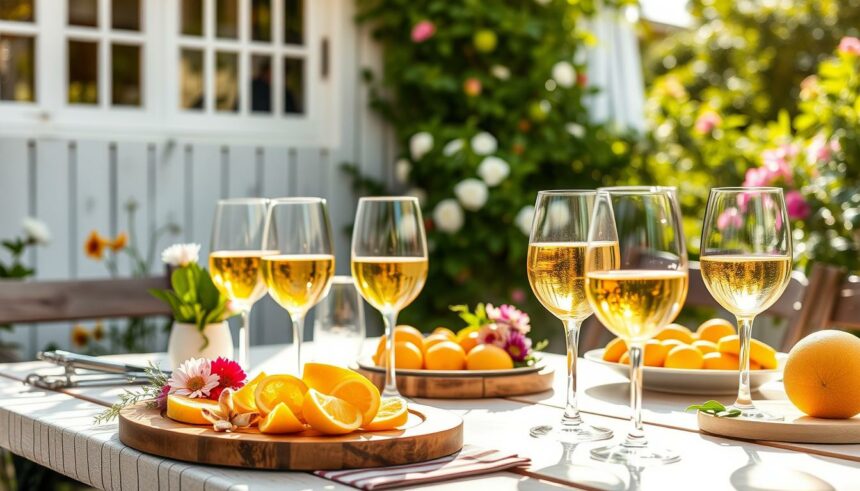 Verschiedene süße Weißweine in Gläsern auf einem sommerlich dekorierten Gartentisch