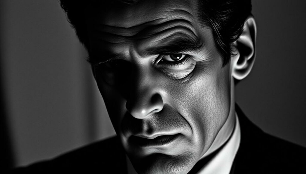 Striking close-up of Pierce Brosnan as Thomas Crown, the suave, sophisticated art thief, in a refined, high-contrast black and white portrait. Dramatic lighting casts chiaroscuro shadows across his pensive, brooding expression, conveying a sense of intrigue and mystery. The composition focuses tightly on Brosnan's face, allowing his piercing gaze and subtly quirked brow to captivate the viewer. The image evokes the stylish, cerebral nature of the "Thomas Crown Affair" film, where Brosnan's charismatic performance transcended the typical action hero mold of his James Bond roles, showcasing his versatility as an actor.