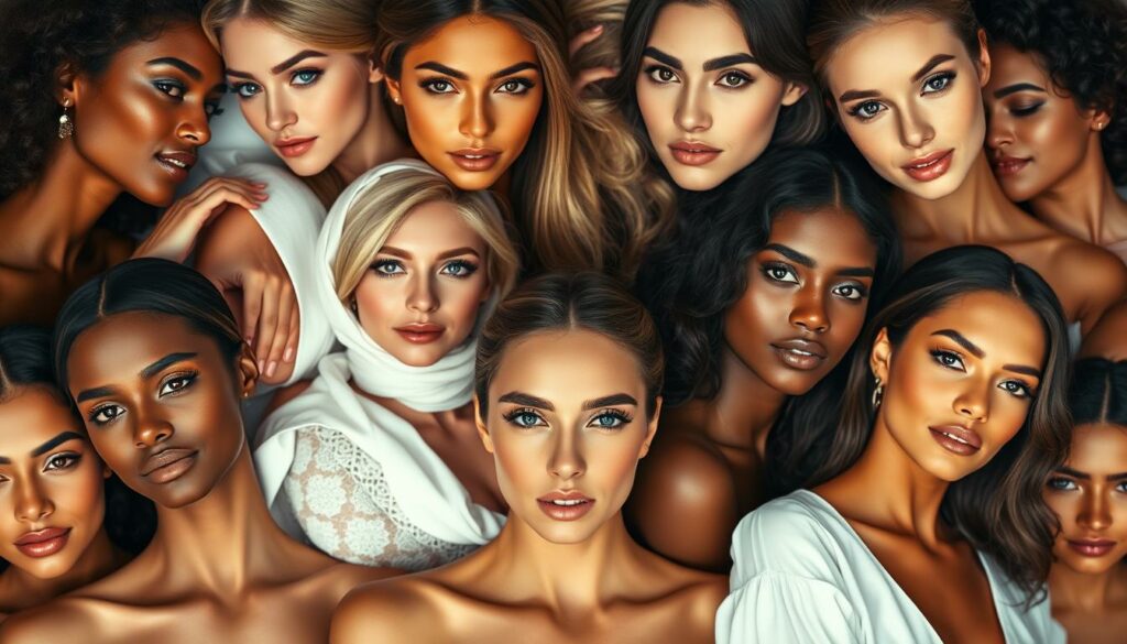 Stunning portrait of the top 13 most beautiful women of 2025, elegantly arranged in a visually captivating layout. Soft, warm lighting highlights their flawless features and luminous skin tones. Diverse ethnicities and ages are represented, each woman exuding confidence and grace. The composition is balanced, with the women strategically positioned to create a harmonious, aesthetically pleasing image. Subtle, tasteful makeup and hairstyles complement their natural beauty. A serene, dreamlike atmosphere pervades the scene, inviting the viewer to appreciate the timeless allure of these extraordinary individuals.
