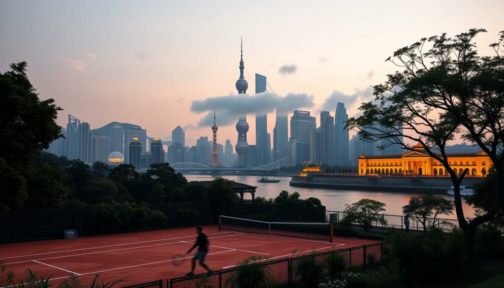 Tennisliebe Shanghai Skyline: a romantic cityscape at dusk, the iconic skyscrapers of Pudong bathed in warm, golden light. In the foreground, a tennis court nestled amid lush greenery, the silhouettes of two figures playing a passionate match, their shadows cast long across the clay surface. The middle ground features the Huangpu River, its waters reflecting the glittering skyline. In the background, the historic Bund promenade lines the opposite bank, its neoclassical architecture aglow. Wispy clouds drift overhead, a soft breeze ruffling the trees. This serene, intimate scene captures the essence of Shanghai as the backdrop for a legendary tennis couple's love story.