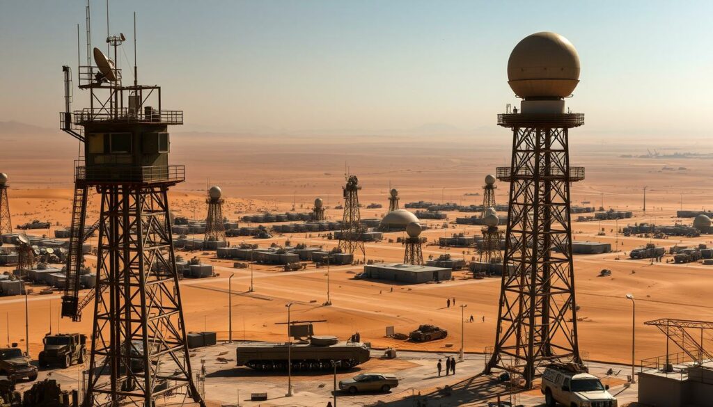 Vast military bases across the Middle East, sprawling complexes of steel and concrete. Towering watchtowers, armored vehicles, and uniformed personnel. Satellite dishes and radar domes dot the landscape, monitoring the region. In the distance, the arid desert terrain stretches endlessly, occasionally interrupted by the silhouettes of distant mountains. Dramatic lighting casts long shadows, heightening the sense of power and security. The scene conveys the strategic importance and formidable presence of the United States in the Middle East.