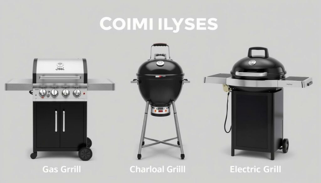 Verschiedene Grilltypen nebeneinander: Gas, Holzkohle und Elektro Verschiedene Grilltypen nebeneinander: Gas, Holzkohle und Elektro