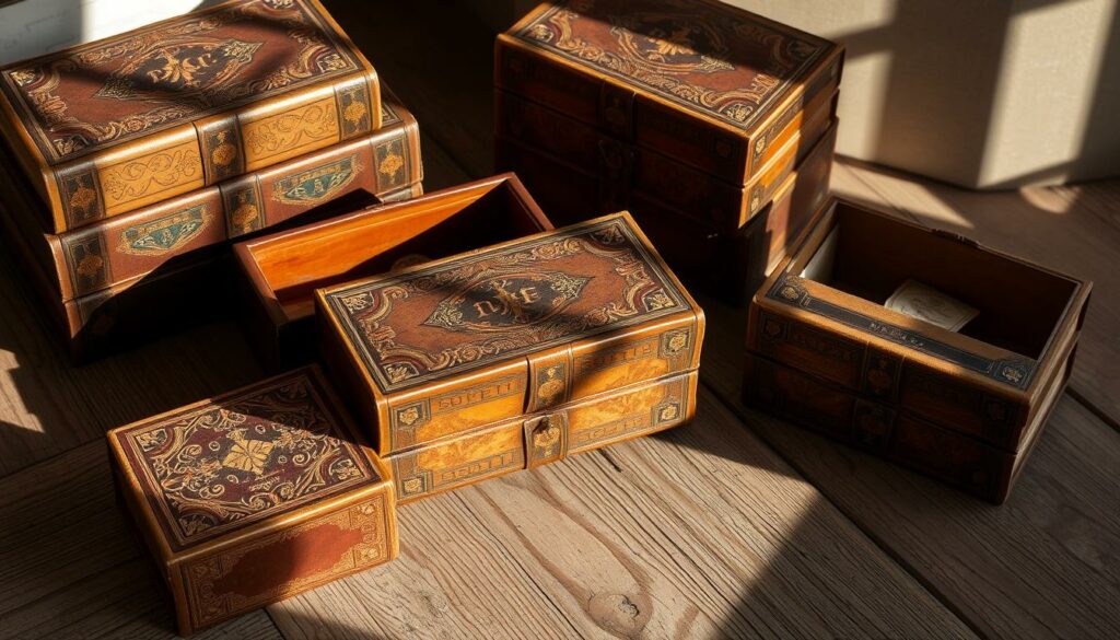 Vintage-style storage boxes crafted from the covers of antique books, arranged on a rustic wooden surface. The boxes feature intricate embossed patterns and aged leather-like textures, evoking a timeless, nostalgic ambiance. Soft, natural lighting casts gentle shadows, highlighting the unique character of each individual book cover. The arrangement is visually balanced, with the boxes positioned in a harmonious, curated layout. The overall scene exudes a sense of sophistication and elegant simplicity, perfectly suited to showcase these repurposed book-based storage solutions.