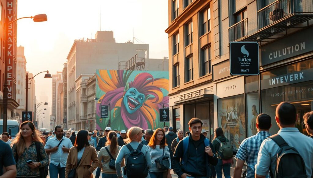 a bustling urban street scene, with a striking mural spanning across the walls of a building, showcasing a vibrant, abstract artistic intervention. the mural features bold, dynamic brushstrokes in a vivid color palette, creating a sense of movement and energy. in the foreground, passersby are captured in various poses, their reactions and interactions with the artwork adding to the lively atmosphere. the middle ground features a mix of architectural elements, including storefronts, street lamps, and signage, all contributing to the urban setting. the background is filled with a hazy, atmospheric skyline, lending a sense of depth and context to the scene. the lighting is a warm, golden glow, casting a cozy, inviting ambiance over the entire composition. the overall mood is one of creativity, spontaneity, and community engagement.