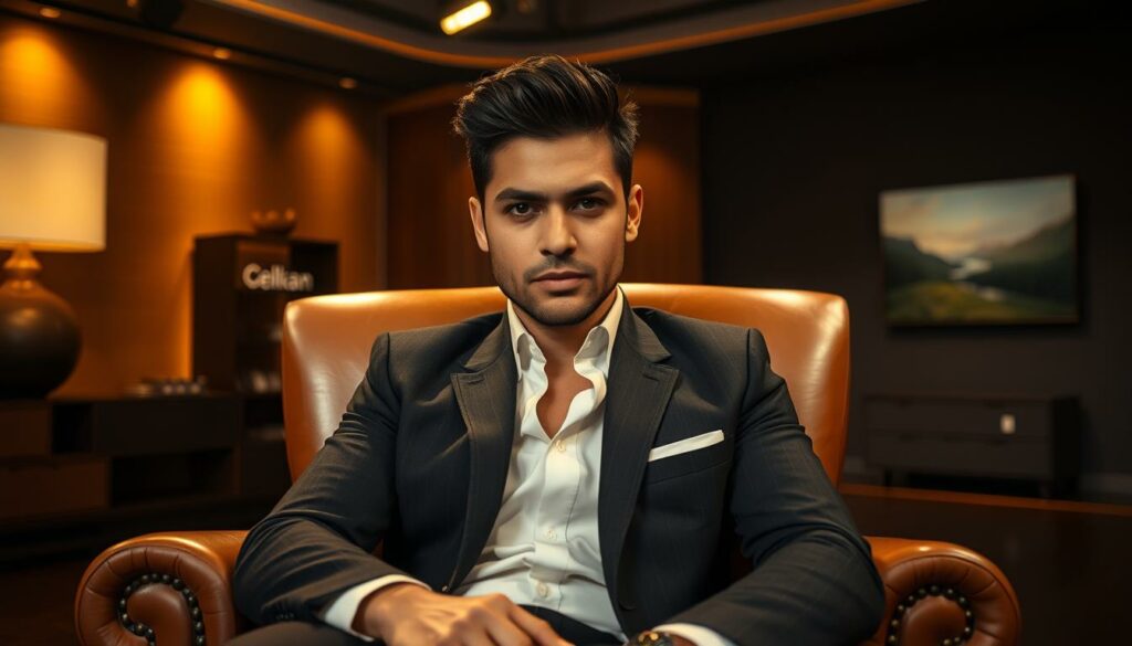 A German television studio, dimly lit with warm, golden hues. In the center of the frame, Wilmer Valderrama sits on a plush, leather armchair, his gaze captivating the audience. He is dressed impeccably in a tailored suit, exuding confidence and charisma. The camera angle is slightly low, emphasizing his stature and commanding presence. In the background, a minimalist set design with subtle German influences, such as a sleek, modern bookshelf or a landscape painting, creates a sophisticated and elegant atmosphere. The lighting is strategic, casting subtle shadows that accentuate Valderrama's features and create a sense of depth and dimension. The overall mood is one of sophistication, cultural exchange, and Valderrama's effortless charm as he captivates the German television audience.