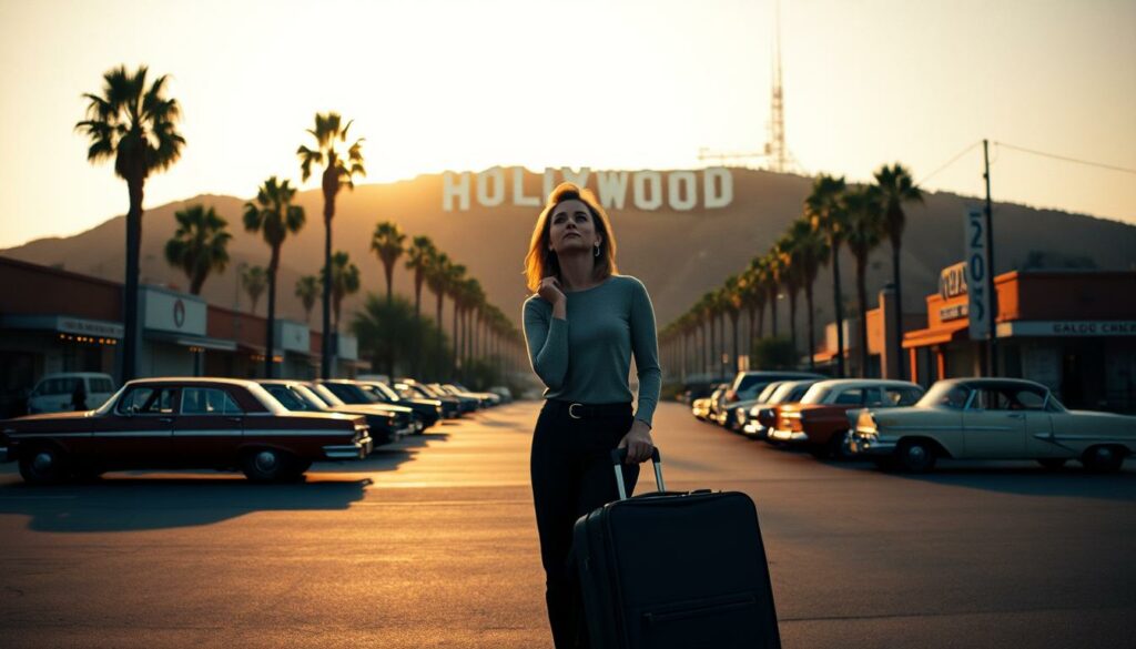 A Hollywood studio lot at dusk, the iconic "HOLLYWOOD" sign visible in the distance. In the foreground, a lone actress, Jamie Lee Curtis, stands with a wistful expression, suitcase in hand, gazing up at the sky as if bidding farewell to the glitz and glamour. The middle ground is dotted with palm trees and vintage cars, casting long shadows across the pavement. The background is shrouded in a warm, golden hue, as if the sun is setting on this chapter of her career. The atmosphere is one of melancholy and nostalgia, a poignant moment of transition as the actress prepares to leave the industry that made her a star.