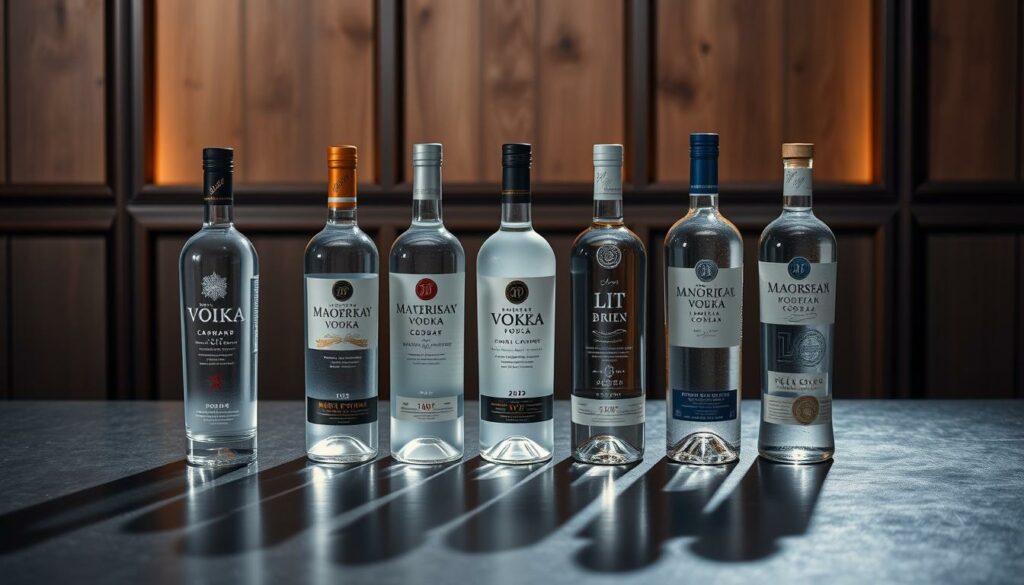 A beautifully arranged still life showcasing the top 5 award-winning vodkas from the prestigious London Spirits Competition 2025. In the foreground, five distinctive vodka bottles stand elegantly on a dark, reflective surface, casting subtle shadows. The bottles are illuminated by soft, directional lighting, highlighting their unique shapes and labels. In the middle ground, a subtle backdrop of a wood-paneled wall provides a warm, rustic contrast. The overall mood is one of refinement, quality, and attention to detail, befitting the world's finest vodka competition.