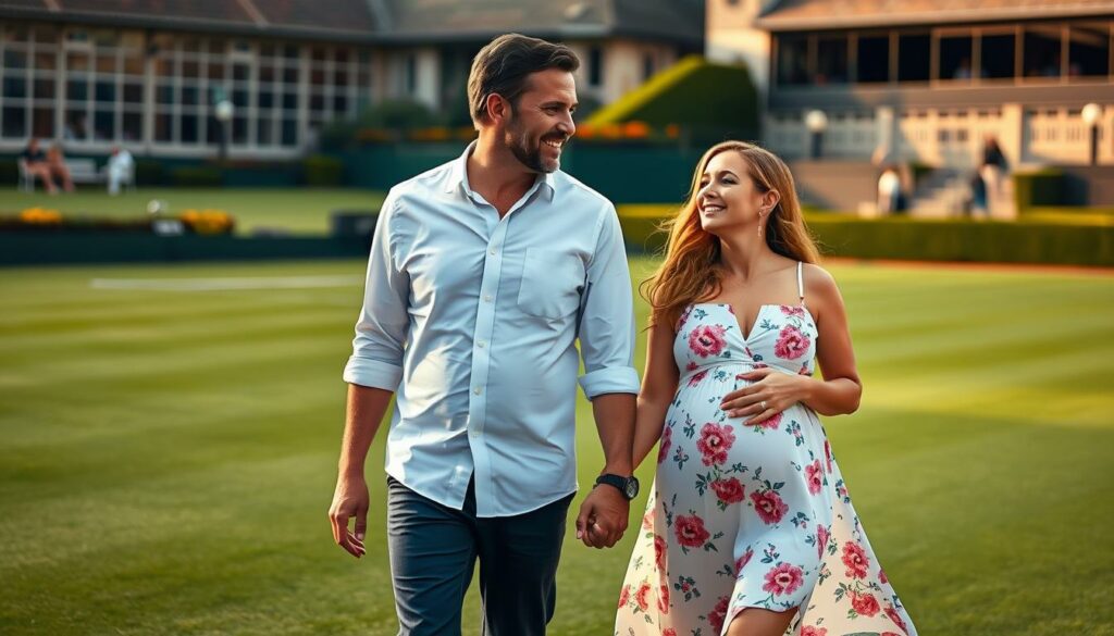 A beautifully lit, high-quality photograph of Boris Becker and his pregnant girlfriend Lilian de Carvalho Monteiro, strolling together on the famous Wimbledon grounds. The couple is dressed casually yet elegantly, with Boris in a crisp white button-down and Lilian in a flowing, floral sundress that accentuates her baby bump. They are walking hand-in-hand, smiling warmly at each other, the lush green lawns and iconic Wimbledon architecture providing a picturesque backdrop. The image captures a candid, intimate moment, conveying the sense of a blossoming romance and the joy of new life. Soft, natural lighting casts a golden glow, creating a romantic, dreamlike atmosphere.