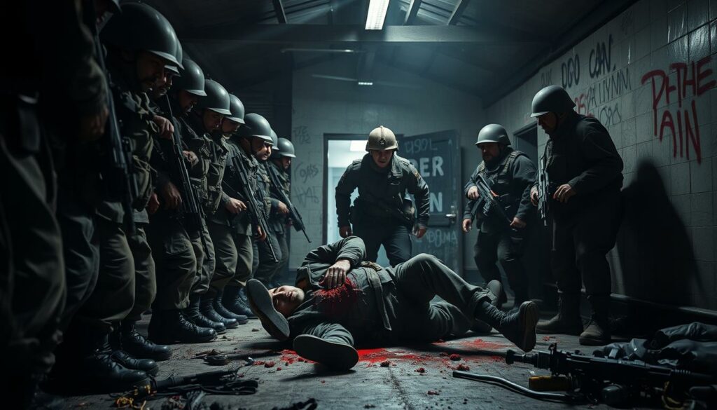 A bleak, grim scene of the "Dedowschtschina" culture of violence in the Russian army. In the center, a group of imposing, brutish soldiers loom over a cowering, bloodied recruit, their faces twisted with cruelty. The lighting is harsh, casting harsh shadows that accentuate the merciless atmosphere. In the background, a dimly lit military barracks, the walls scarred with graffiti and the floor littered with discarded equipment, convey the neglect and lawlessness that pervades this environment. The overall composition suggests a suffocating sense of despair and the normalization of abuse, reflecting the toxic culture that has taken root within the Russian armed forces.