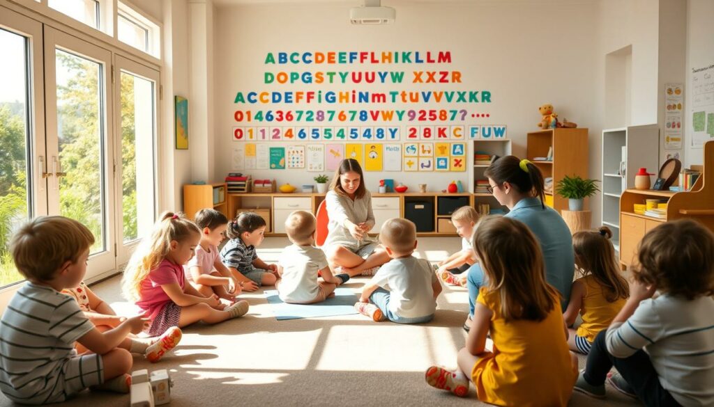 A bright, airy classroom filled with engaged children and attentive teachers, capturing the spirit of early childhood language development in Germany. In the foreground, a diverse group of toddlers and preschoolers sit in a semicircle, immersed in interactive activities that foster their German language skills. Warm natural light streams in through large windows, creating a welcoming atmosphere. In the middle ground, teachers guide the children, using colorful educational materials and encouraging their participation. The background features vibrant displays of alphabet posters, artwork, and educational resources, showcasing the nurturing environment of a Kita (German daycare). The scene conveys a sense of progress, collaboration, and the dedicated efforts to support the linguistic growth of young children.