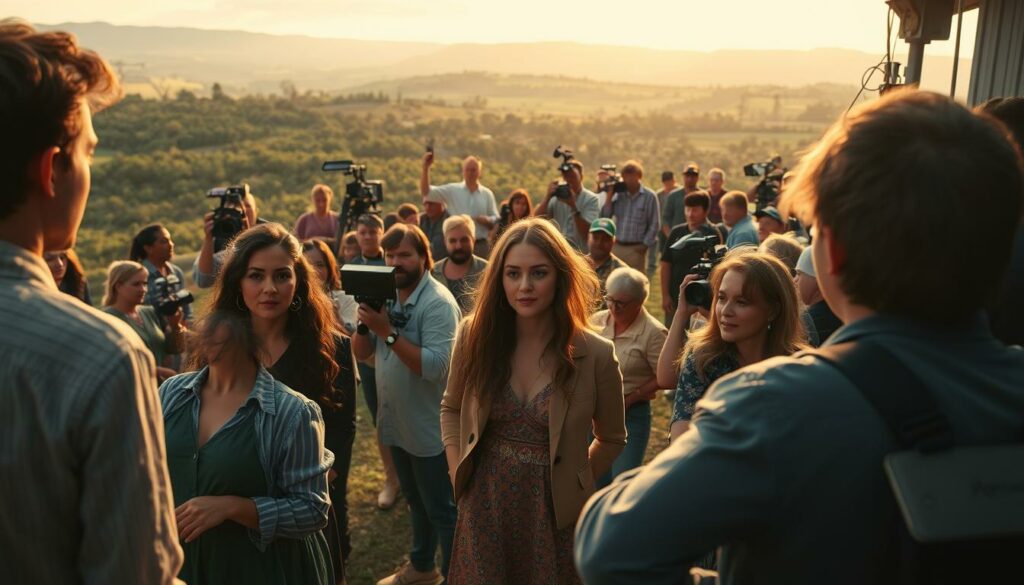 A bustling film set with a diverse crew capturing the essence of "Princess Charming". In the foreground, the show's stars rehearse their lines, their expressions conveying the emotional intensity of the scene. The middle ground reveals a flurry of activity - camera operators, lighting technicians, and production assistants orchestrating the proceedings with precision. In the background, a lush, verdant landscape serves as the backdrop, hinting at the picturesque locations that will grace the program. Warm, golden lighting bathes the entire scene, creating a sense of warmth and intimacy. The composition is dynamic, with a variety of angles and perspectives to showcase the collaborative nature of the production.