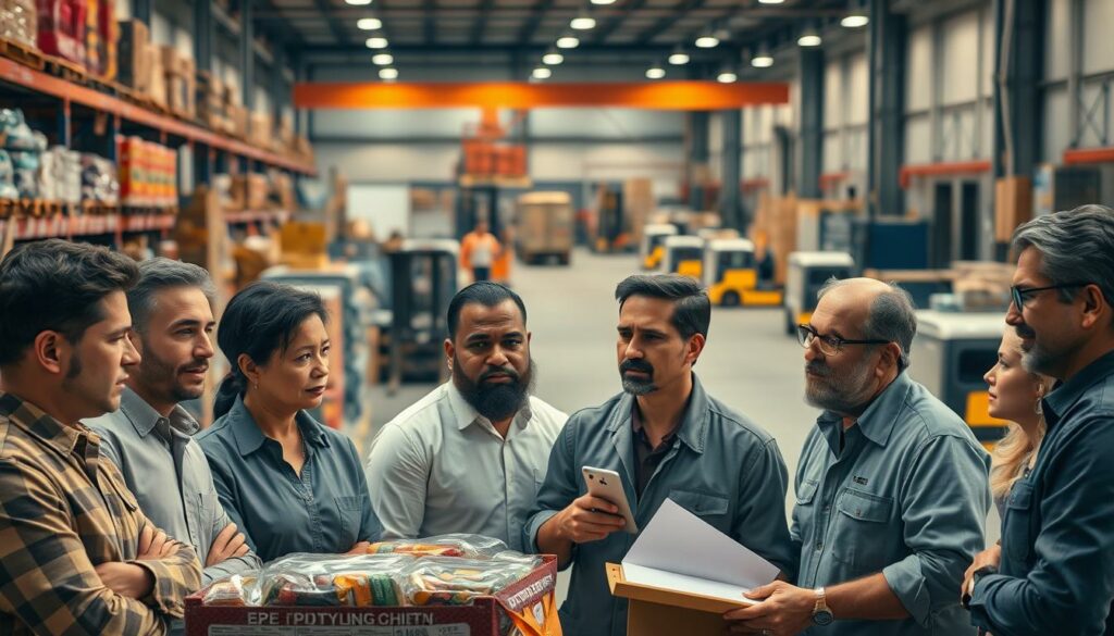 A bustling food industry scene, set against a backdrop of modern warehouses and distribution centers. In the foreground, a diverse group of food industry professionals engaged in animated discussion - executives, managers, and supply chain experts, their expressions reflecting a mix of concern, contemplation, and cautious optimism. The middle ground features shelves stocked with an array of packaged goods, while the background showcases the infrastructure of the industry, with forklifts, loading docks, and transportation vehicles. Warm lighting casts a subtle glow, creating an atmosphere of collaboration and problem-solving as the industry grapples with the challenges ahead. The scene conveys a sense of the industry's dynamism and adaptability in the face of disruption.