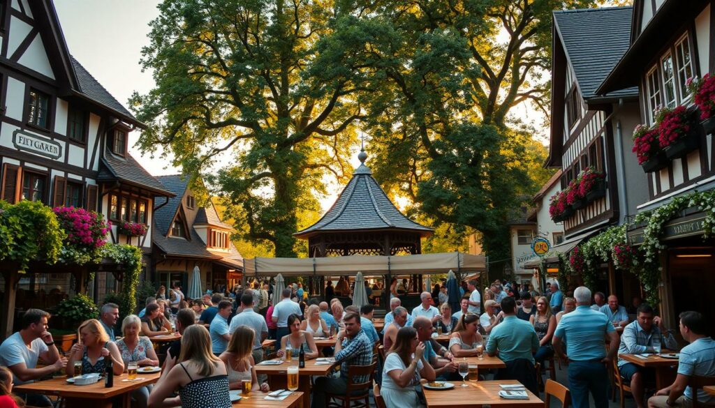 A bustling historical Bavarian beer garden, with charming timber-framed buildings, lush greenery, and rustic wooden tables dotting the scene. In the foreground, patrons enjoy traditional Bavarian fare and refreshing beers, their laughter and chatter creating a lively atmosphere. The middle ground features an ornate gazebo or bandstand, where local musicians entertain the crowd. In the background, towering chestnut trees cast dappled shadows, creating a serene and inviting ambiance. The warm, golden lighting of the setting sun bathes the entire scene, evoking a sense of timeless tradition and camaraderie. This image captures the unique essence and enduring appeal of Munich's most iconic beer garden highlights.