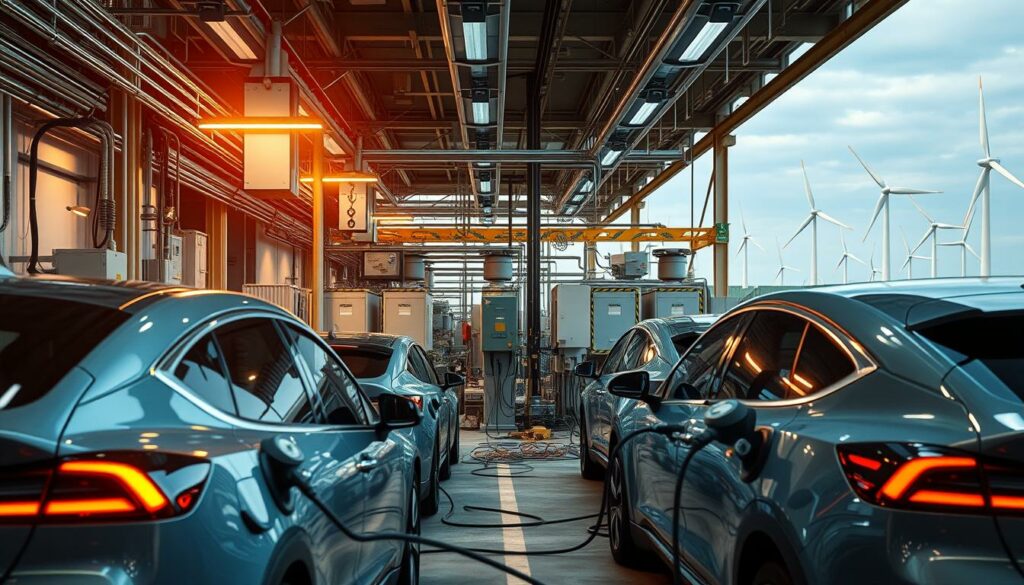A bustling industrial setting, showcasing the inner workings of an electric vehicle charging station. In the foreground, sleek, modern electric cars are plugged in, their charging ports glowing with a soft, ambient light. The middle ground features a network of cables, transformers, and control panels, all working in harmony to manage the flow of electricity. In the background, a series of large, efficient wind turbines can be seen, harnessing the power of the elements to fuel this sustainable energy ecosystem. The scene is illuminated by a combination of natural daylight and strategically placed industrial lighting, creating a balanced, well-lit atmosphere that emphasizes the environmental friendliness of the entire operation. The overall mood is one of technological sophistication, environmental responsibility, and a sense of progress towards a greener future.