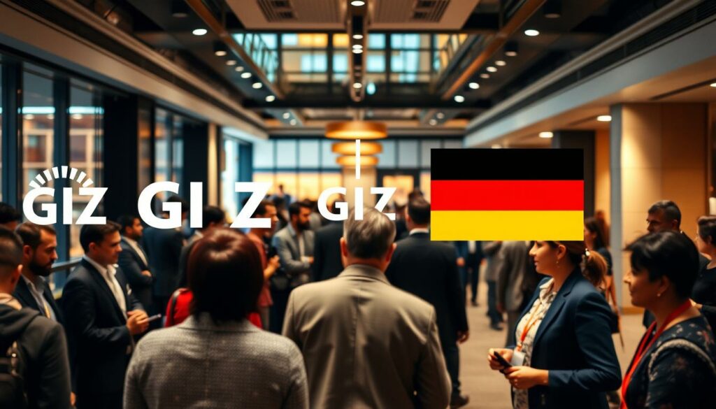 A bustling office setting with the German Development Agency (GIZ) and German Embassy prominently featured. In the foreground, representatives from both organizations are engaged in discussions, their expressions conveying a sense of collaboration and purpose. The middle ground showcases the organizational logos and insignia, symbolizing their respective roles. In the background, a blend of modern architecture and diplomatic decor sets the tone of an international, professional environment. Warm, directional lighting illuminates the scene, casting subtle shadows that add depth and dimension. The overall composition suggests the synergetic relationship between the GIZ and the German Embassy, working together to address the complex visa and immigration challenges faced by Afghans in Pakistan.